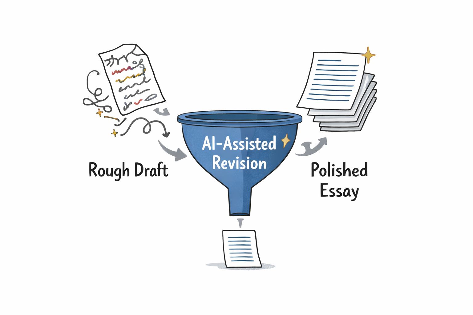Conceptual diagram of AI-Assisted Revision funnel showing rough draft transforming into polished essay